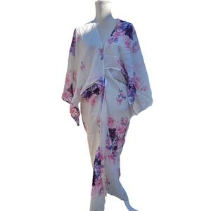 En Creme Floral Kimono Maxi Dress White Pink Purple Watercolor V-Neck NWT‎